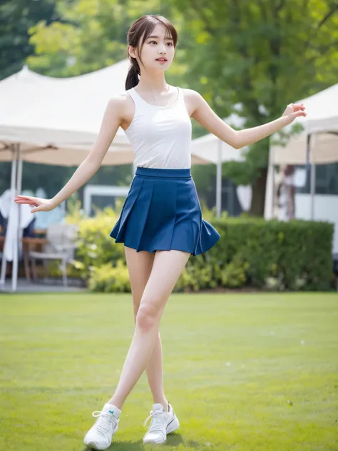 (masterpiece, highest quality:1.4), Award-winning portraits, 8k, 85mm, alone, Beautiful Face, Delicate girl,  (Cheerleader、On the grass), Sophisticated, cute, 15 years old, RAW Photos, Confused, High resolution, Sharp focus, Background Blur、(((flat  、thin ...