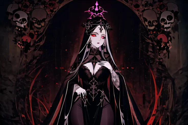 a woman in a black dress holding a skull and a skull, goddess of death, beautiful necromancer, beautiful necromancer girl, queen...