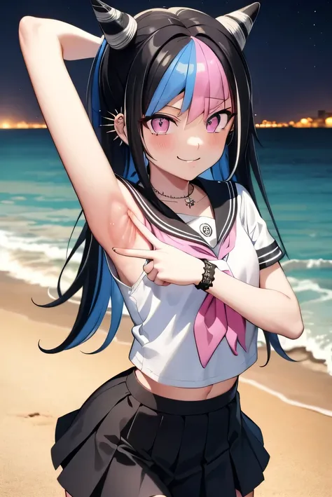 ibukimioda, ibuki mioda, black hair, blue hair, hair horns, ear piercing, lip piercing, long hair, multicolored hair, (pink eyes:1.5), pink hair, white hair,
BREAK asymmetrical legwear, black skirt, blue thighhighs, jewelry, mismatched legwear, neckerchief...