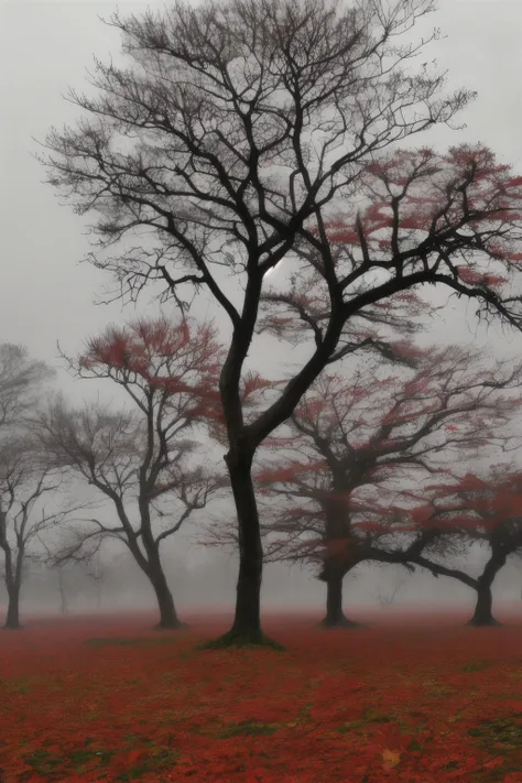 Campo aberto com grama branca, a black hole replacing the sun the skies are red and raining blood, there is also a single solitary tree with pale leaves.