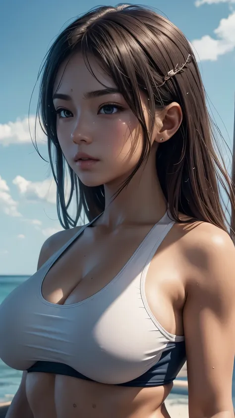 (Highly detailed CG Unity 8k wallpaper), The most beautiful works of art in the world, One girl, Upper Body, Sweaty　Big Breasts　School Swimsuit　Muscular