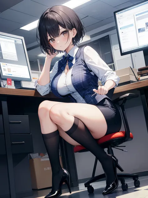 highest quality, Flying debris、Beautiful woman、officeレディー、Black Hair、(Brown eyes、Big Breasts)、short hair、チェック柄のダークブルーのofficeスーツ)、new employee,Full Body Shot、Female office lady、break(Dark blue checked vest、White dress shirt、Navy blue short tight pencil skir...