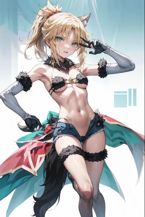 Masterpiece, Best Quality, illustration, city street, 1girl, Mordred (fate), cowboy shot, collarbone, Detailed blond hair ponytail braid, green eyes,, denim shorts,navel,thigh-high, covered_pussy,skiny,long_sword,apart_legs,dangerousbeast,elbow_gloves,
,wo...