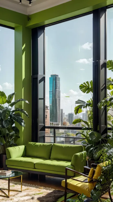 Urban Jungle Living Room:
"A stylish urban living room decorated with lush, vibrant indoor plants in various shades of green, modern furniture in bold colors like teal and mustard, and large windows with a panoramic cityscape view under a brilliant blue sk...