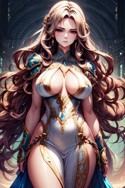 "An ultra-detailed illustration of a light-haired woman with brown eyes and a model-like physique. She is wearing elegant fantasy-style clothing, such as an intricately designed dress or armor with elaborate details. The background of the image should be t...