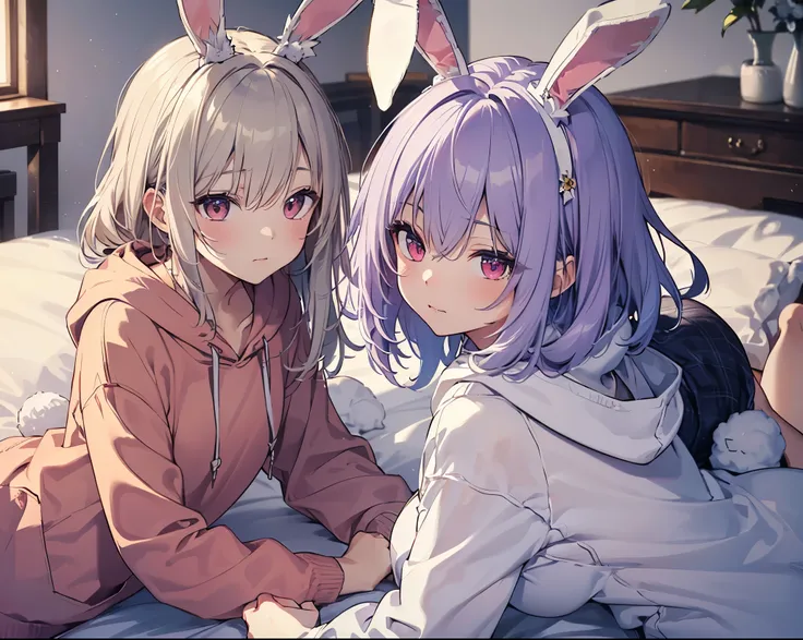 (Close-up:1.3),Realistic,highest quality, Ultra Detail, High-quality CG rendering, The most delicate and beautiful, Floating softly, High resolution, (1 girl), (Highest quality,4K,8K,masterpiece:1.2), Light purple hair,Rabbit,(Bunny ears:1.5),(Long Hair:1....