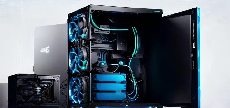 There is a computer case，There are a lot of wires and a hard drive inside, customized computer, Water, Liquid cooling desktop, Water, Cable management, Liquid cooling, Gaming PC case, Liquid cooling, Gaming PC, Gaming PC, The blue box in the middle, Comput...