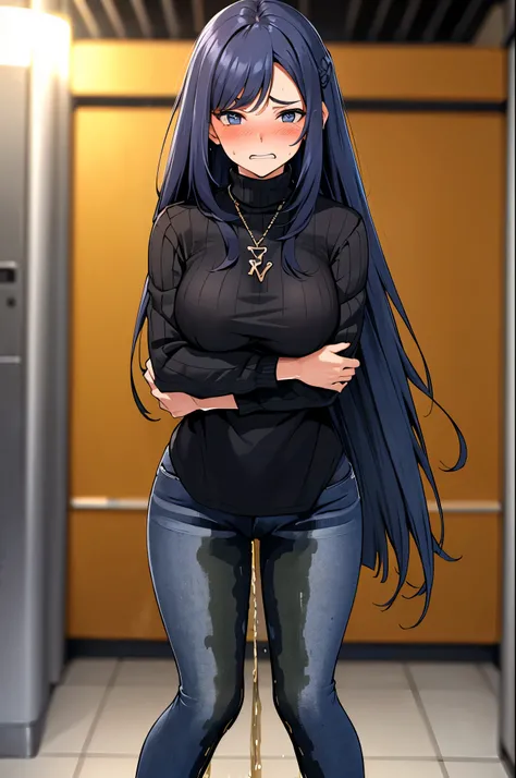 A woman with very long black hair, (very long hair:1.25) and (long bangs:1.5), wearing a stylish wool turtleneck sweater with jeans, long sleeves, (low-rise jeans:1.25), (low-cut jeans:1.25), standing. The artwork is inspired by manga and incorporates a do...