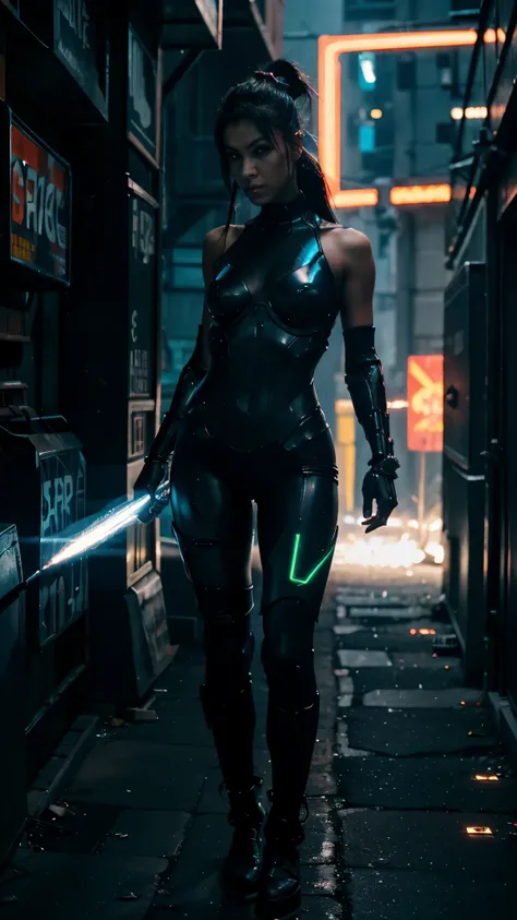 A fierce cybernetic warrior engaged in battle in a dark alley, with glowing cybernetic enhancements, a sleek futuristic weapon, and sparks flying from clashing metal under the glow of neon signs