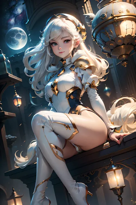 (masterpiece, best quality, dutch angle)(1girl, solo)(white hair, red eyes)(smile, sitting,floating hair)(universe、Milky Way、Lunar City)Above the knee tights
