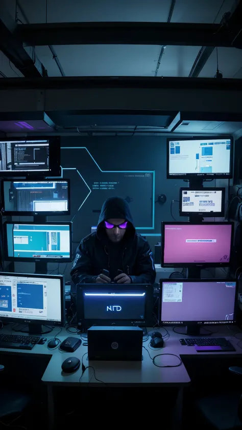 A cluttered hackers den with multiple screens displaying code and data streams, glowing neon lights in shades of blue and purple, and high-tech gadgets scattered around, with the hacker intensely focused on their work.