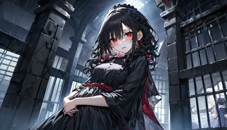 low angle, ((Outlaw:1.4 underground evil style)) ((in a beautiful black evil dress)), (solo curly:1.4 black hair long hair evil princess girl, 15 yo, detailed red eyes, pain:1.3 face and sweaty:1.4 skin) is (hugging own body), break, (in the Underground Te...