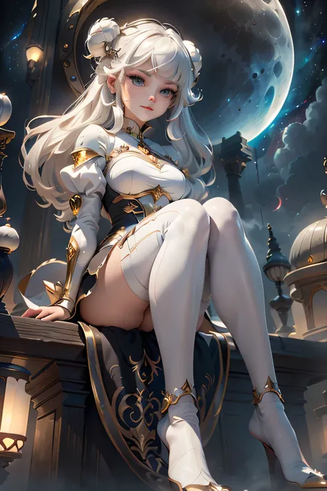 (masterpiece, best quality, dutch angle)(1girl, solo)(white hair, red eyes)(smile, sitting,floating hair)(universe、Milky Way、Lunar City)Above the knee tights
