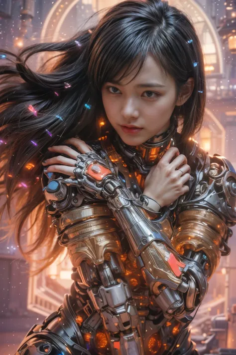 (best quality:1.2), 8k, highres, octan render, (masterpiece), extremely ultra detail, cyborgized Japanese woman, extremely ultra cute face, , skinny body, flat chest,  (blue metallic mechanical frame:1.5), (Power cables connected throughout the body), deta...