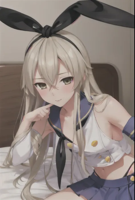 {Safety:1.10}, highest quality, masterpiece, High resolution, alone, {shimakaze_Fleet Collection:0.90}, ((whole body、Random sexy poses、On the bed、Open clothing))