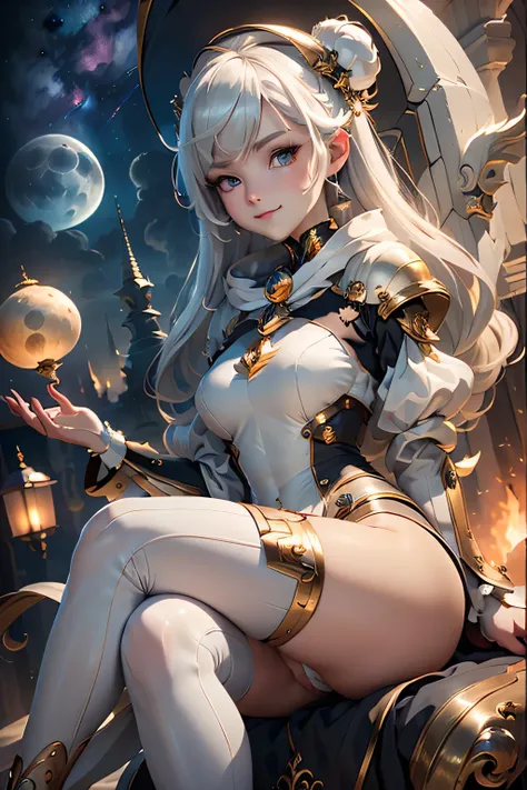 (masterpiece, best quality, dutch angle)(1girl, solo)(white hair, red eyes)(smile, sitting,floating hair)(universe、Milky Way、Lunar City)Above the knee tights
