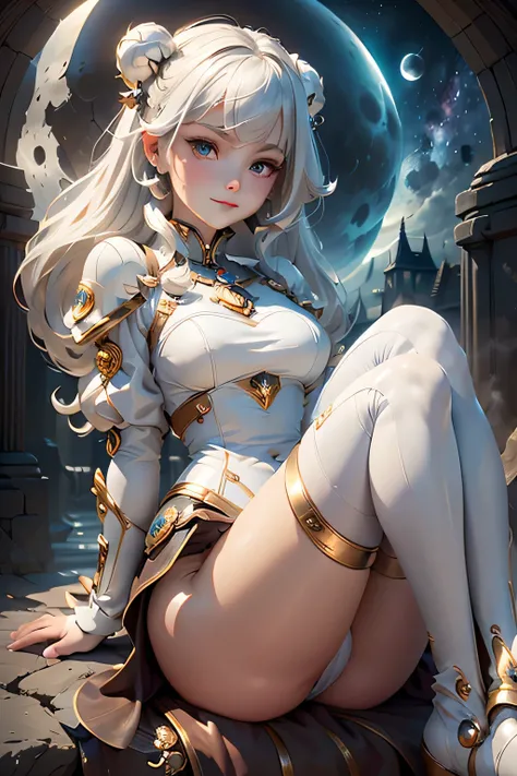 (masterpiece, best quality, dutch angle)(1girl, solo)(white hair, red eyes)(smile, sitting,floating hair)(universe、Milky Way、Lunar City)Knee-high boots
