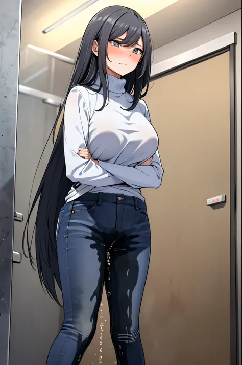 A woman with very long black hair, (very long hair:1.25) and (long bangs:1.5), wearing a stylish wool turtleneck sweater with jeans, long sleeves, (low-rise jeans:1.25), (low-cut jeans:1.25), standing. The artwork is inspired by manga and incorporates a do...