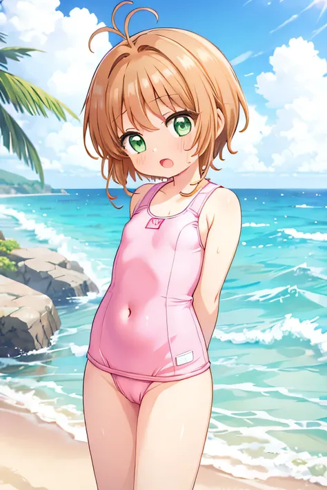 beach,1girl, kinomoto sakura, solo,school swimsuit,one-piece swimsuit, green eyes, pussy, brown hair, , short hair, navel、flat chest,blush,get wet,antenna hair,pink nipple,open mouth,arms behind back,,looking at viewer,highleg swimsuit