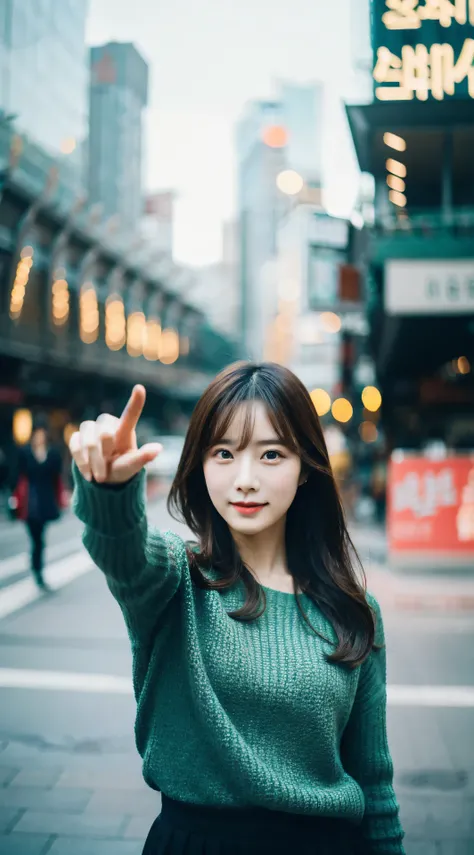 Cinematic Photo of a beautiful Korean fashion model bokeh sea pointing at a viewer