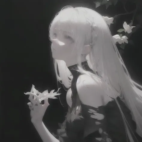 Anime -  a young woman with white long hair and a black top, Girl with white hair, Perfect white haired girl, Bright Gray Eyes, flowers on hair,( Smart Design, Sharp lines, High sharpness,top quality, very detailed, masterpiece, lighting effects in cinema,...