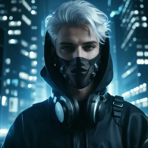 A young man with white hair, cyberpunk style, hacker setting, cinematic action, 4K, photorealism, full body, ultra realistis, resambking sony 7000D