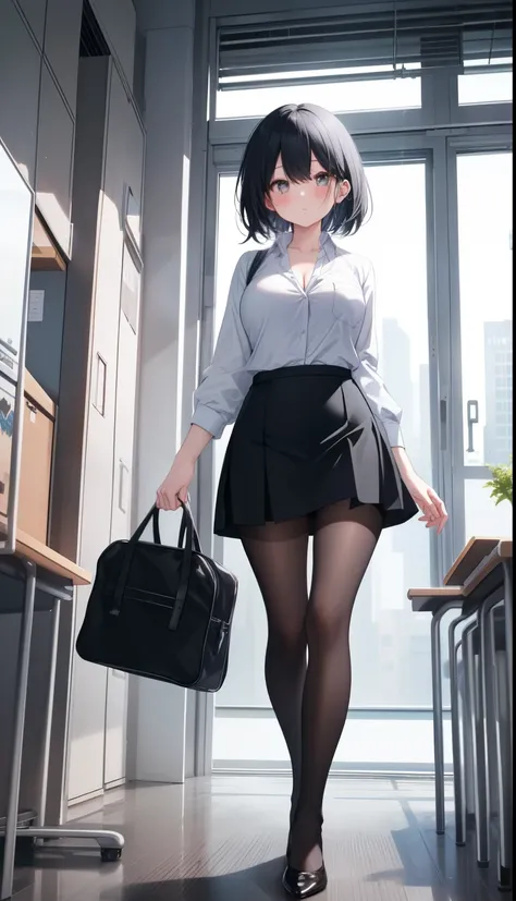 One Girl、positive、Standing posture、Full body portrait、Black Hair、Medium Haircut、blush、Absolute area、Black knee-high socks、Knee-length、stockings、Black Pantyhose、White underwear、Light blue shirt、Blue-gray business suit、Grey tight super mini skirt、Japanese of...
