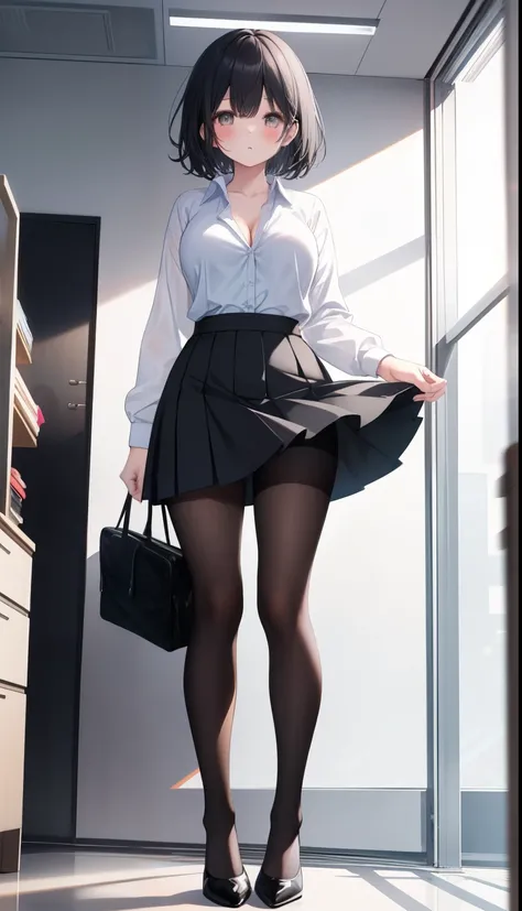 One Girl、positive、Standing posture、Full body portrait、Black Hair、Medium Haircut、blush、Absolute area、Black knee-high socks、Knee-length、stockings、Black Pantyhose、White underwear、Light blue shirt、Blue-gray business suit、Grey tight super mini skirt、Japanese of...