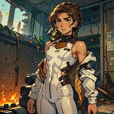 (Caucasian teenager), 18 years old, hazel eyes, (wavy brown hair), (hair tied back), medium hair, small breasts. She wears a white sci-fi suit, torn suit, bare shoulders, solo, on the ground, interior of a building destroyed in flames