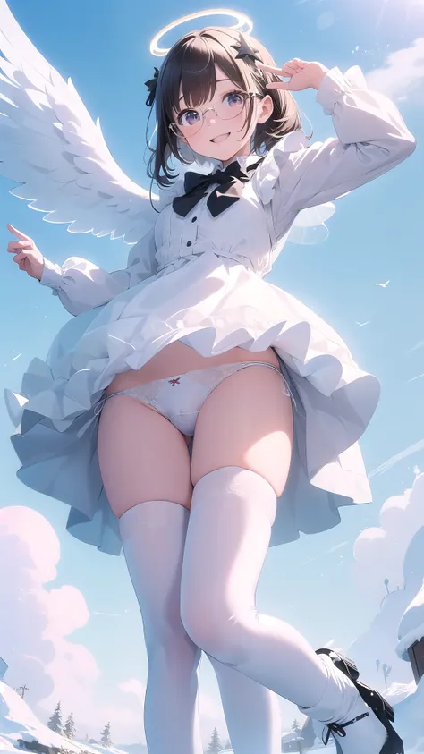 (masterpiece:1.3), (absurdres:1.3), (best quality:1.3), (ultra-detailed:1.3), snow, (((Snowfield))), full body, waving, smile, 1girl, nagisa-fi, halo, white wings, long sleeves, white dress,Gothic Lolita maid outfit、 mini skirt、capelet, white skirt, black ...