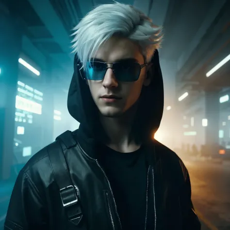 A young man with white hair, cyberpunk style, hacker setting, cinematic action, 4K, photorealism, full body, ultra realistis, resambking sony 7000D