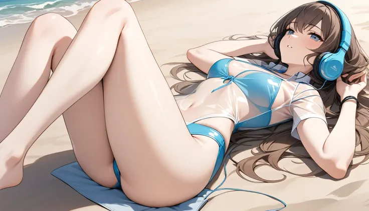 ((Top quality)), ((Masterpiece)), (Detail), perfect face, lying on the beach, listening to music, girl, wearing headphones, wearing swimsuit, swimsuit is transparent, legs spread, wearing tight clothes, buttocks and bare-breasted