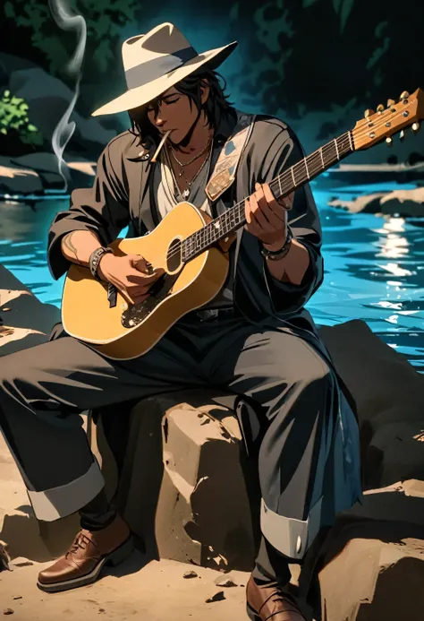 stevie ray vaughn  blues man sitting on a rock by a river playing guitar smoking joint