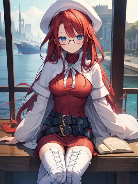 pov,(nsfw:1.2),summonnightaty, aty, (young:1.3),long hair, blue eyes, red hair, large_beret, hat, glasses,
BREAK long hair, thighhighs, hat, dress, boots, glasses, belt, cape, sweater, zettai ryouiki, beret, thigh boots, white footwear, ribbed sweater, loo...