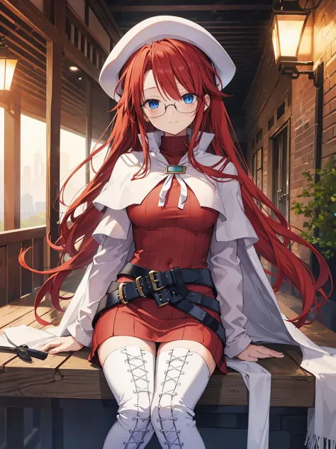 pov,(nsfw:1.2),summonnightaty, aty, (young:1.3),long hair, blue eyes, red hair, large_beret, hat, glasses,
BREAK long hair, thighhighs, hat, dress, boots, glasses, belt, cape, sweater, zettai ryouiki, beret, thigh boots, white footwear, ribbed sweater, loo...