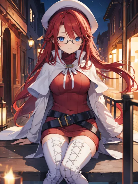 pov,(nsfw:1.2),summonnightaty, aty, (young:1.3),long hair, blue eyes, red hair, large_beret, hat, glasses,
BREAK long hair, thighhighs, hat, dress, boots, glasses, belt, cape, sweater, zettai ryouiki, beret, thigh boots, white footwear, ribbed sweater, loo...