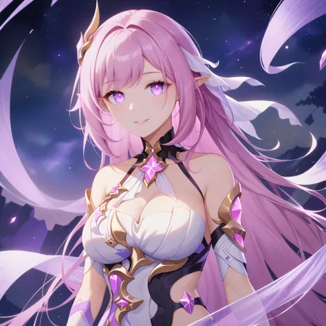 very aesthetic,1girl,elysia_/(herrscher_of_human:ego/)_/(honkai_impact/),pointed_ears,vivid pink_hair,dreamy anime fantasy background,raytracing,light purple eyes,criin,mihoyo,kagaya studio,floating,light particles,dsmile,starry sky,celestial,intricate,lar...