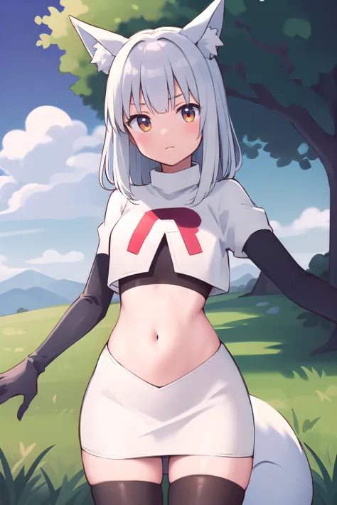 (masterpiece, best quality, highly detailed), 1girl, cowboy shot, lico, outside, trees, grass, sun, clouds, sky, team rocket,team rocket uniform,white skirt,red letter R,crop top,black thigh-highs,black elbow gloves , blush, fox ears, fox tail