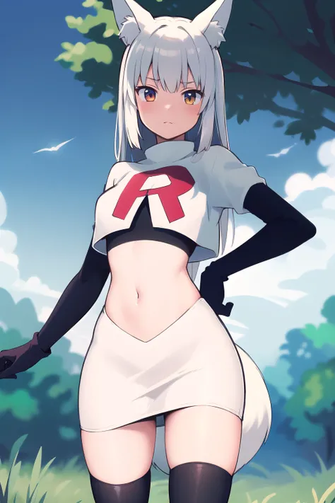 (masterpiece, best quality, highly detailed), 1girl, cowboy shot, lico, outside, trees, grass, sun, clouds, sky, team rocket,team rocket uniform,white skirt,red letter R,crop top,black thigh-highs,black elbow gloves , blush, fox ears, fox tail