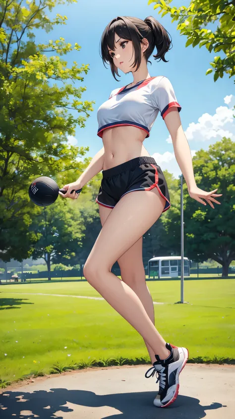 Girl in the park, sports shorts, black hair, doing a warm-up, front view, short shorts, day, hyperrealism, sport body, Full height, facing the camera, Big hips 