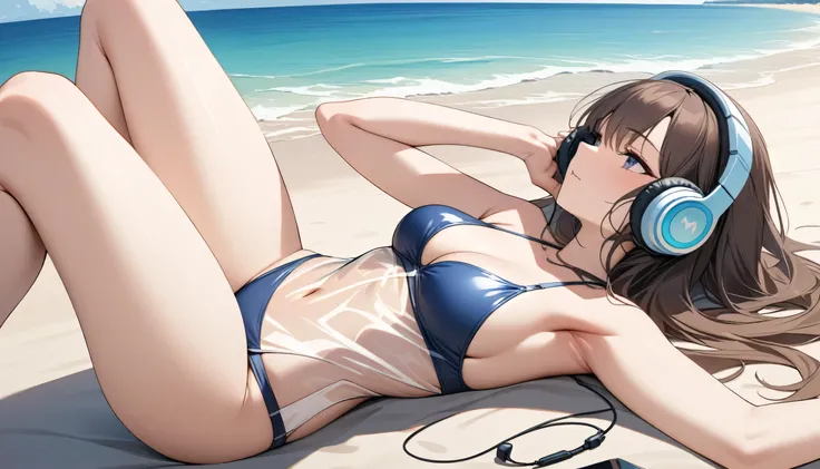 ((Top quality)), ((Masterpiece)), (Detail), perfect face, lying on the beach, listening to music, girl, wearing headphones, wearing swimsuit, swimsuit is transparent, legs spread, wearing tight clothes, buttocks and bare chest, ocean view