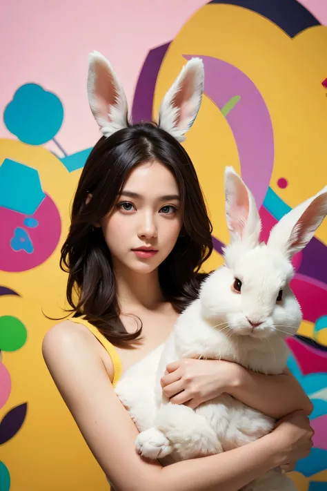 Model and background intact, Beautiful woman holding a large rabbit doll, Colorful background,