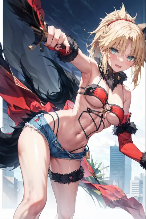 Masterpiece, Best Quality, illustration, city street, 1girl, Mordred (fate), cowboy shot, collarbone, Detailed blond hair ponytail braid, green eyes,, denim shorts,navel,thigh-high, covered_pussy,skiny,long_sword,apart_legs,dangerousbeast,elbow_gloves,
,wo...