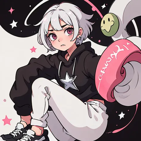 a girl with short white hair, pink eyes and green star earrings, wearing a black sweatshirt with a star in the middle and black pants and white shoes, neutral expression looking straight ahead 