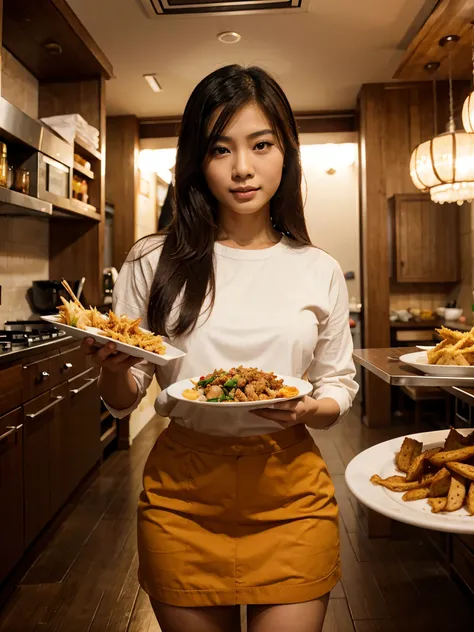 Beautiful Asian woman holding a plate of crispy pork food