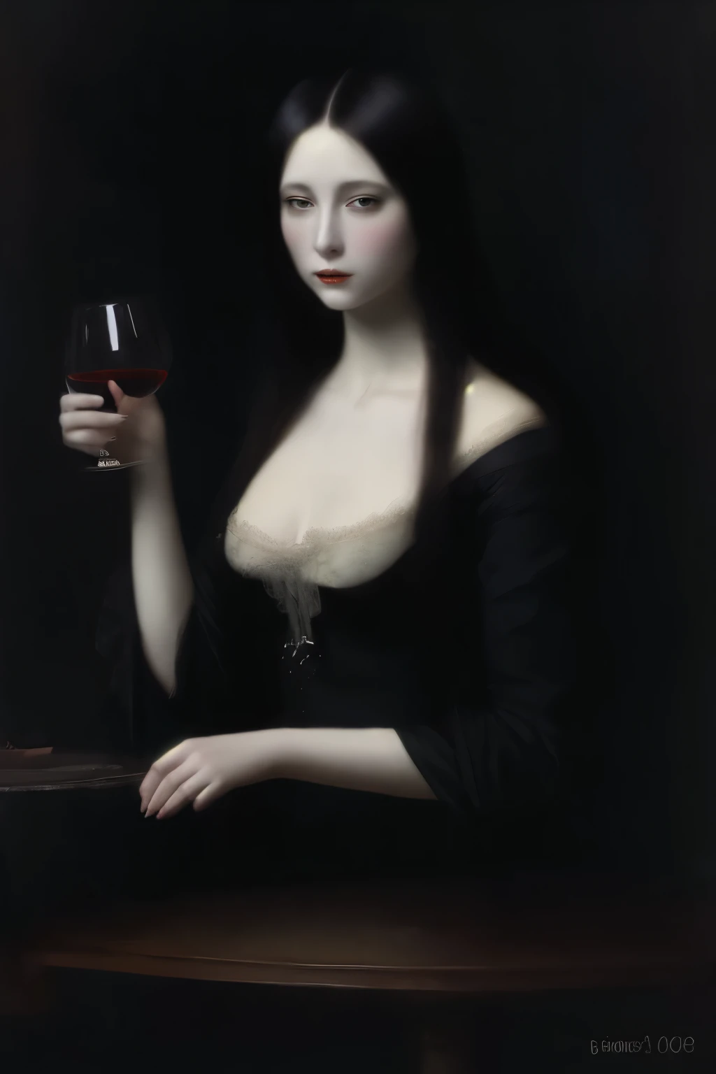 white woman，very thin，holding a red wine glass，leaning on the small table。there are many paintings hanging on the wall behind me...