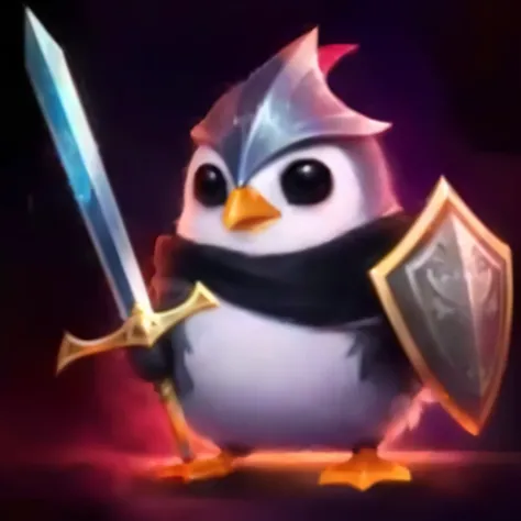 a close up of a penguin with a sword and shield, penguinz0, birb, avatar image, style of league of legends, league of legends character, from league of legends, armored duck, splash art, penguin, style league of legends, masterpeice, soldier penguins, chib...