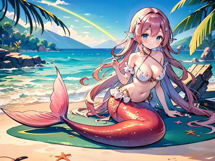 masterpiece, best quality,a girl,large breasts,hair accessories,mermaid,light red long hair,粉红色mermaid尾巴,full-body shot,beach,se...