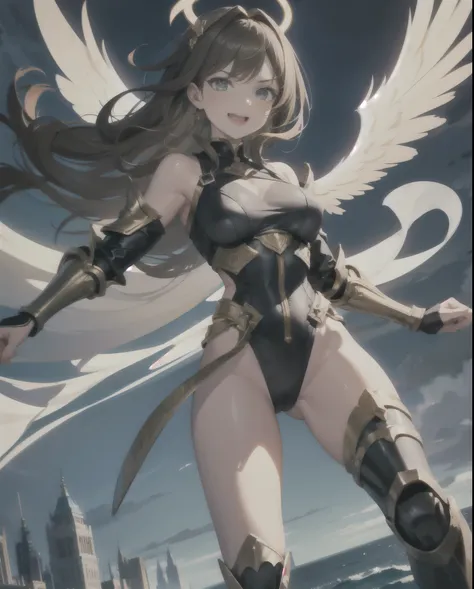 fantasy, 1angel_girl,, ,brown_hair, medium_bob_hair, long_bangs, halo,bare_shoulder,thighhighs,silver_armor, waist_armor, large_breasts,angry,grinning,open_mouth_teeth, 1pair_wings, dynamic_pose_fighting,floating, bare_crotch, headgear,gauntlet, greaves,ci...