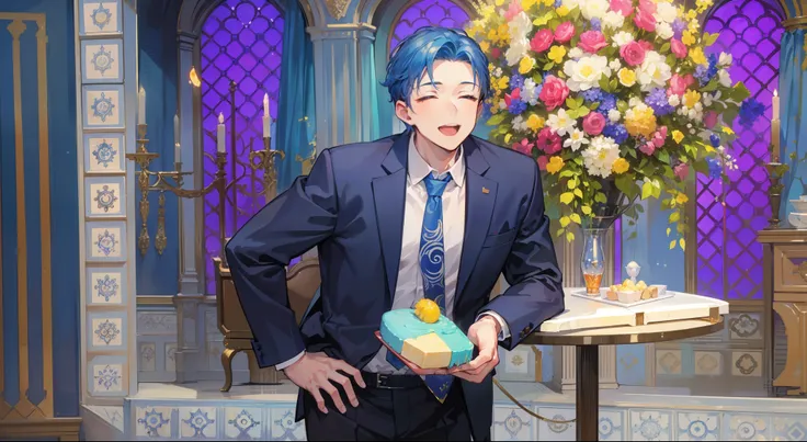 1boy, male focus, TV presenter, masterpiece, top quality, very beautiful, light blue hair, gentle smile, body balance, holding a cake, tall, eyes closed